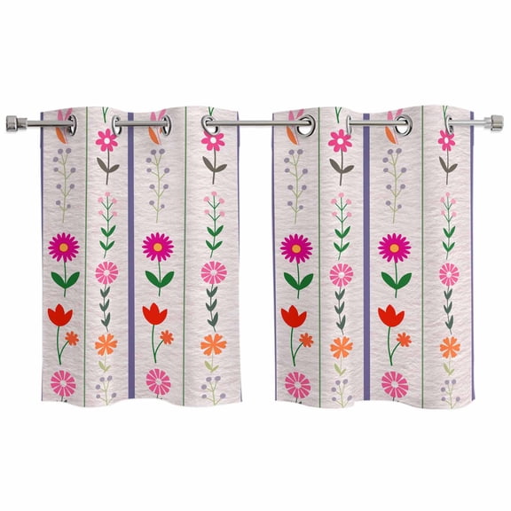 2 Panels Kitchen Tier Curtains 39 Inch Length, Purple Pink Spring Floral Grommets Window Treatment Curtain, Colorful Summer Flowers Botanical Thermal Curtains Drapes for Living Room/Bathroom
