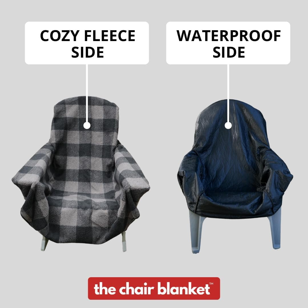 FeGe  The Chair Blanket – Reversible, Waterproof & Polar-Lined - Stretchable Elastic Back - Original Patio Chair Cover – Ideal for Homes and Outdoor Furniture- with Carry Pouch – Gray Plaid