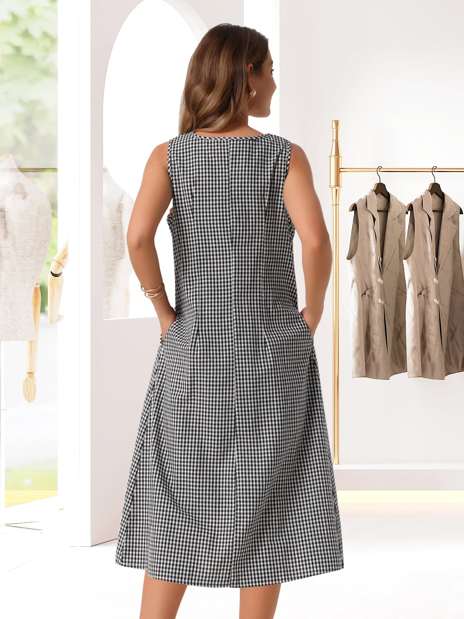 DARING DIVA Plaid Sleeveless Loose Fit Tank Midi Dress S Black