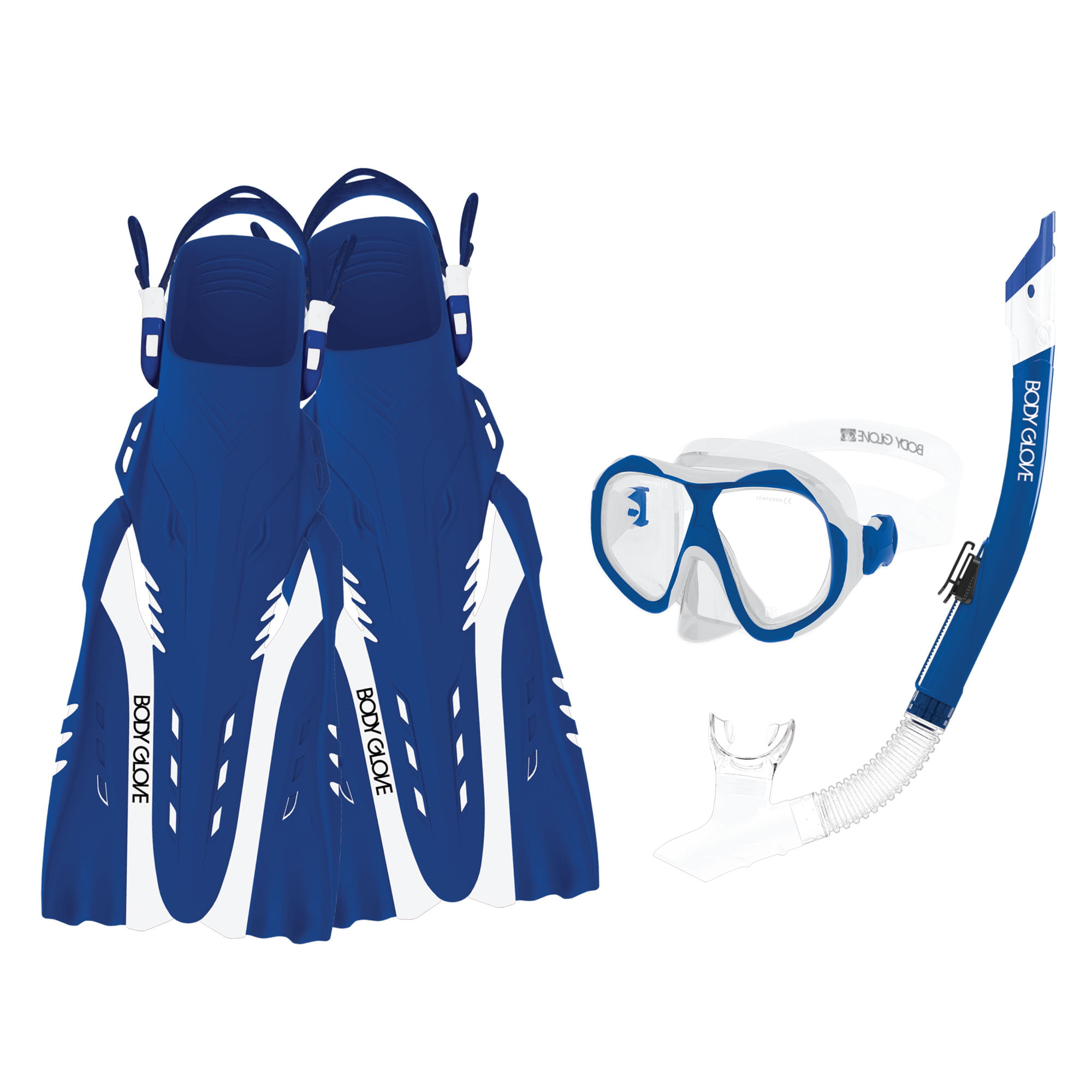 Body Glove Enlighten II Large/XL Diving Snorkel and Goggles Mask Set Clear/Blue 