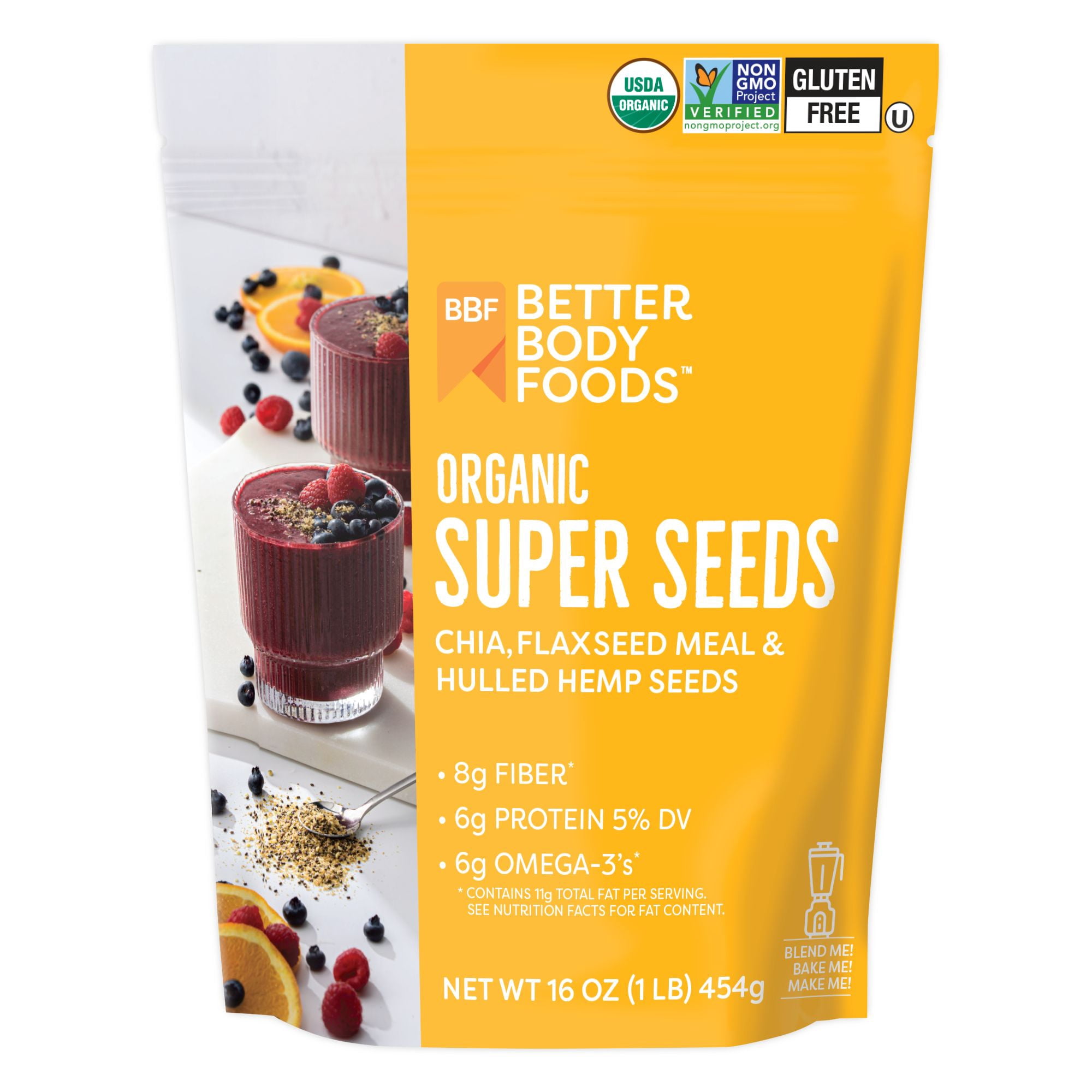 (6 pack) BetterBody Foods Organic Super Seeds, Chia Seeds, Flaxseed Meal, & Hemp Seeds, 16 oz