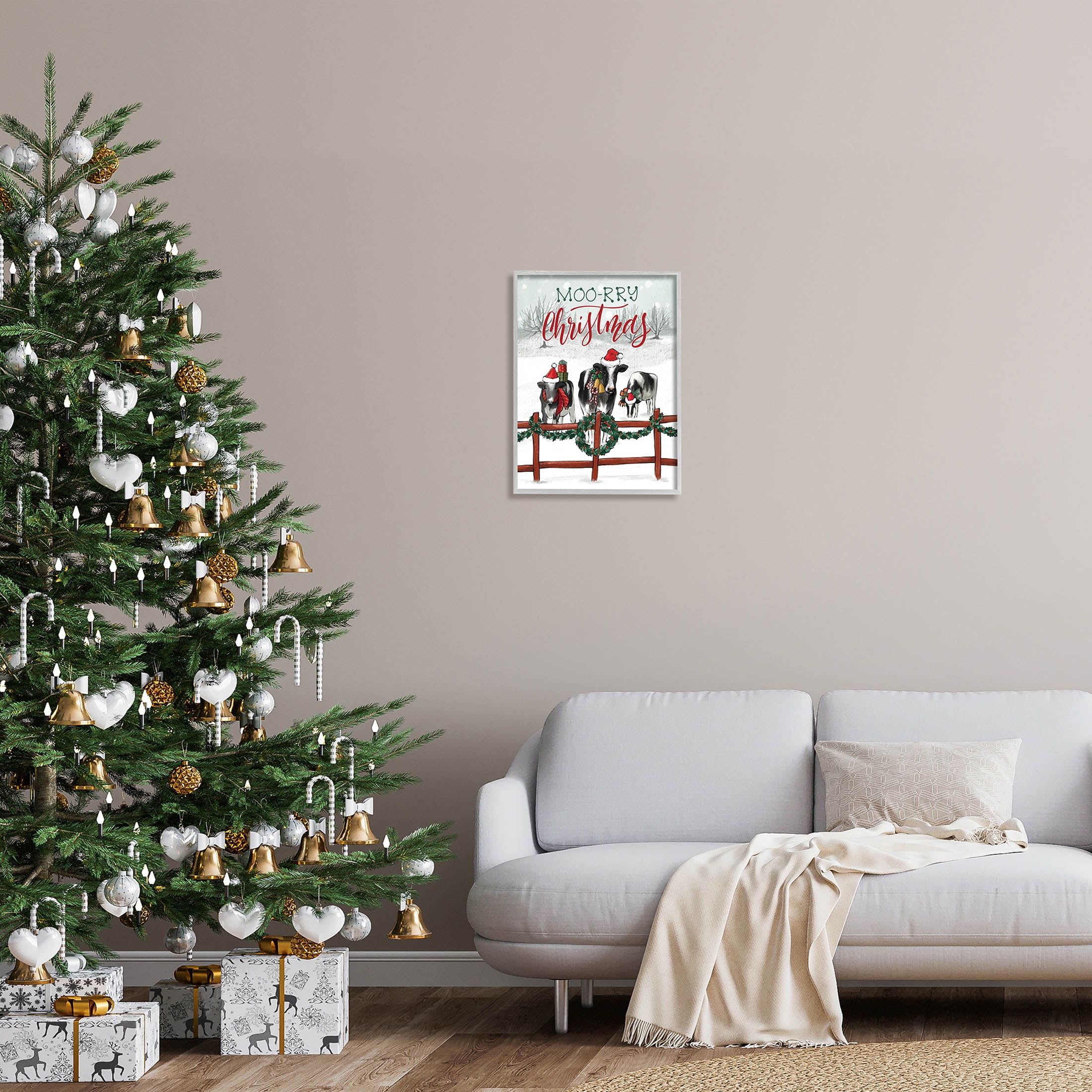 Moo-rry Christmas Holiday Snowy Cows Holiday Graphic Art Gray Framed Art Print Wall Art