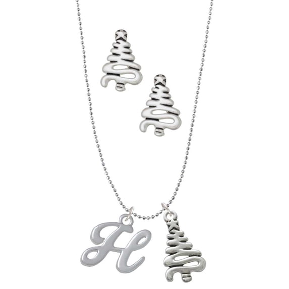 Delight Jewelry Silvertone Small Gelato Script Initial - H - Silver tone Zig Zag Christmas Tree Charm Necklace and Stud Earrings