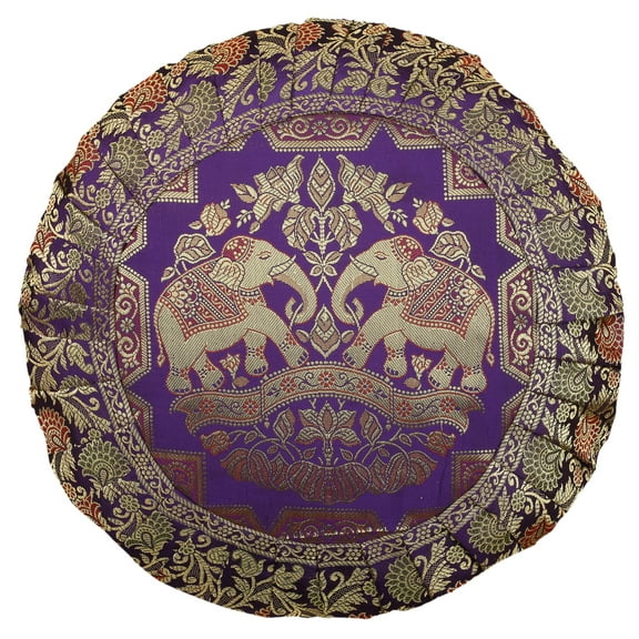 Stylo Culture Ethnic Brocade Decorative Throw Pillow Sham Cover Purple 17x17 Traditional Jacquard Weave Pleated Border Sofa Cushion Cover 43 x 43 cm Satin Elephant Round Pillow Case | 1 Pc
