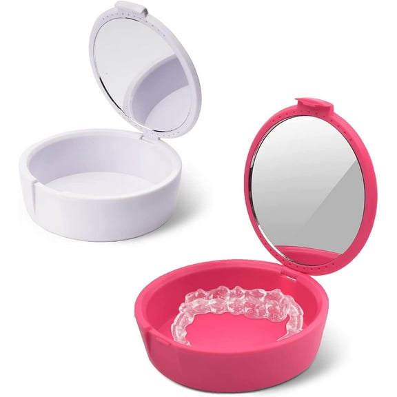 2 Pack Retainer Case with Mirror Retainer Container Partial Denture Storage Box (Pink White)