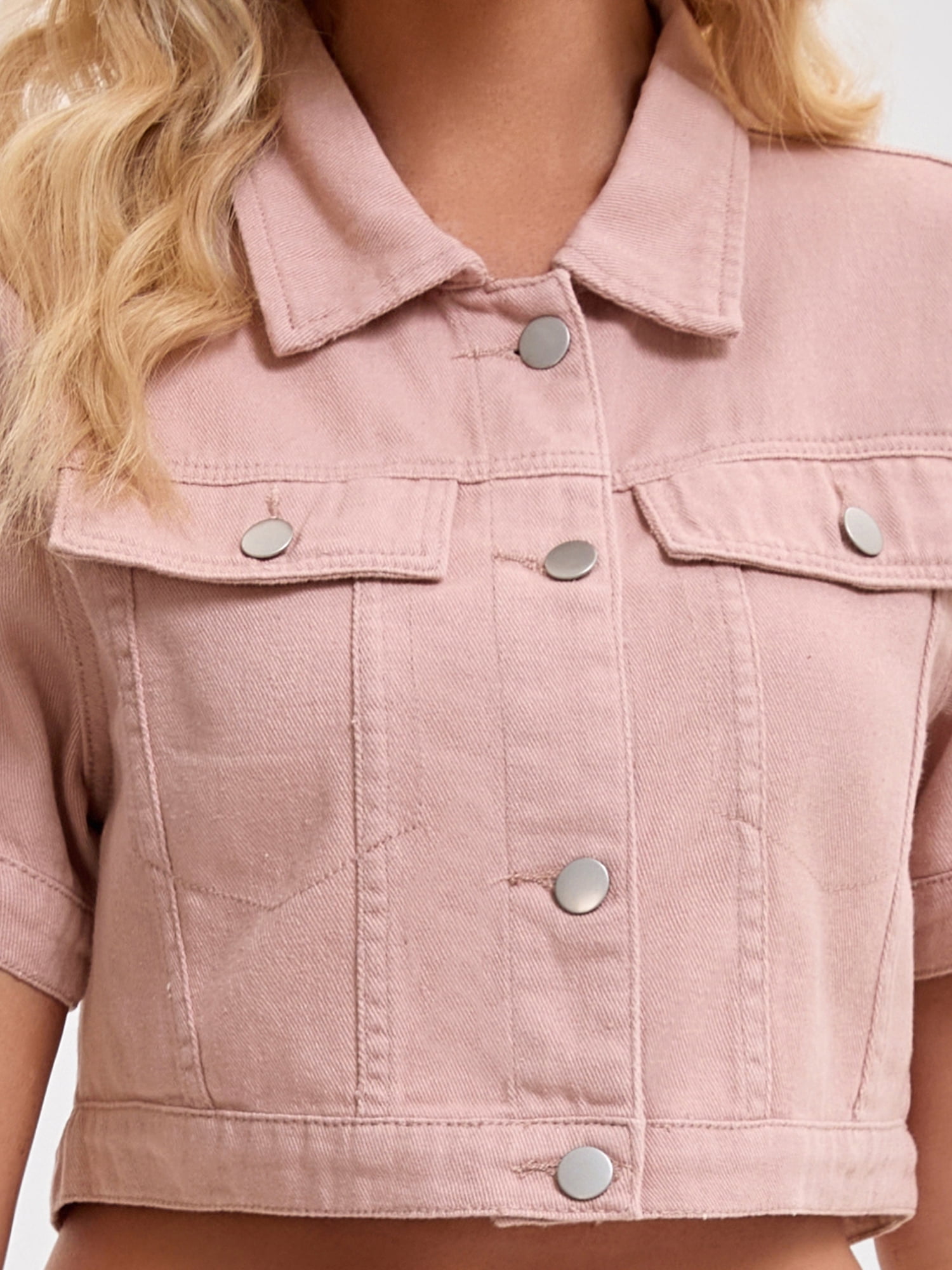 DARING DIVA Women's Short Sleeve Denim Rendy Casual Cropped Jean Jacket M Pink