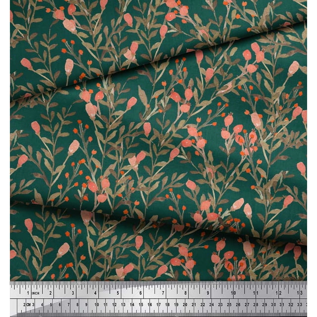 Soimoi Green polyester Crepe Fabric Berries Leaves Fabric Prints By Yard 42 Inch Wide