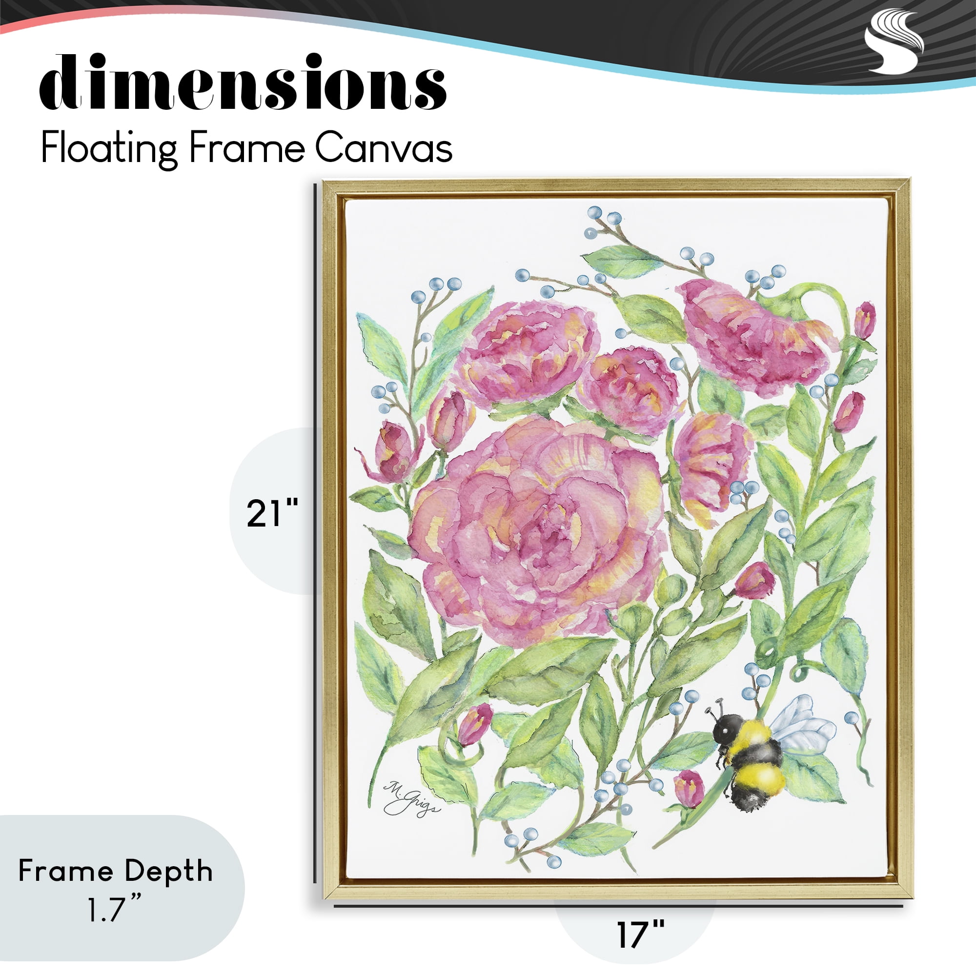 Stupell Industries Peony & Bumble Bee Gold Framed Floater Canvas Wall Art, design by Maureen Grigs