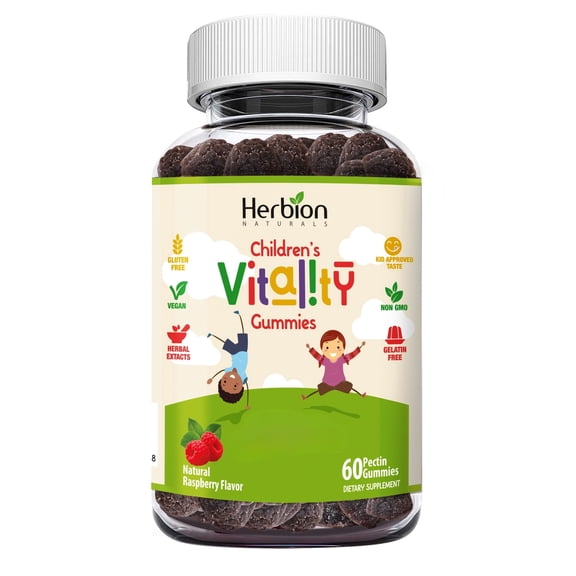 HERBION Naturals Children’s Vitality Gummies – Natural Raspberry Flavor, Plant-Based Pectin Kids Gummies, Made with Fruit & Herbal Extracts, Vegan, Non-GMO, Gluten Free, Gelatin Free, 60 Count