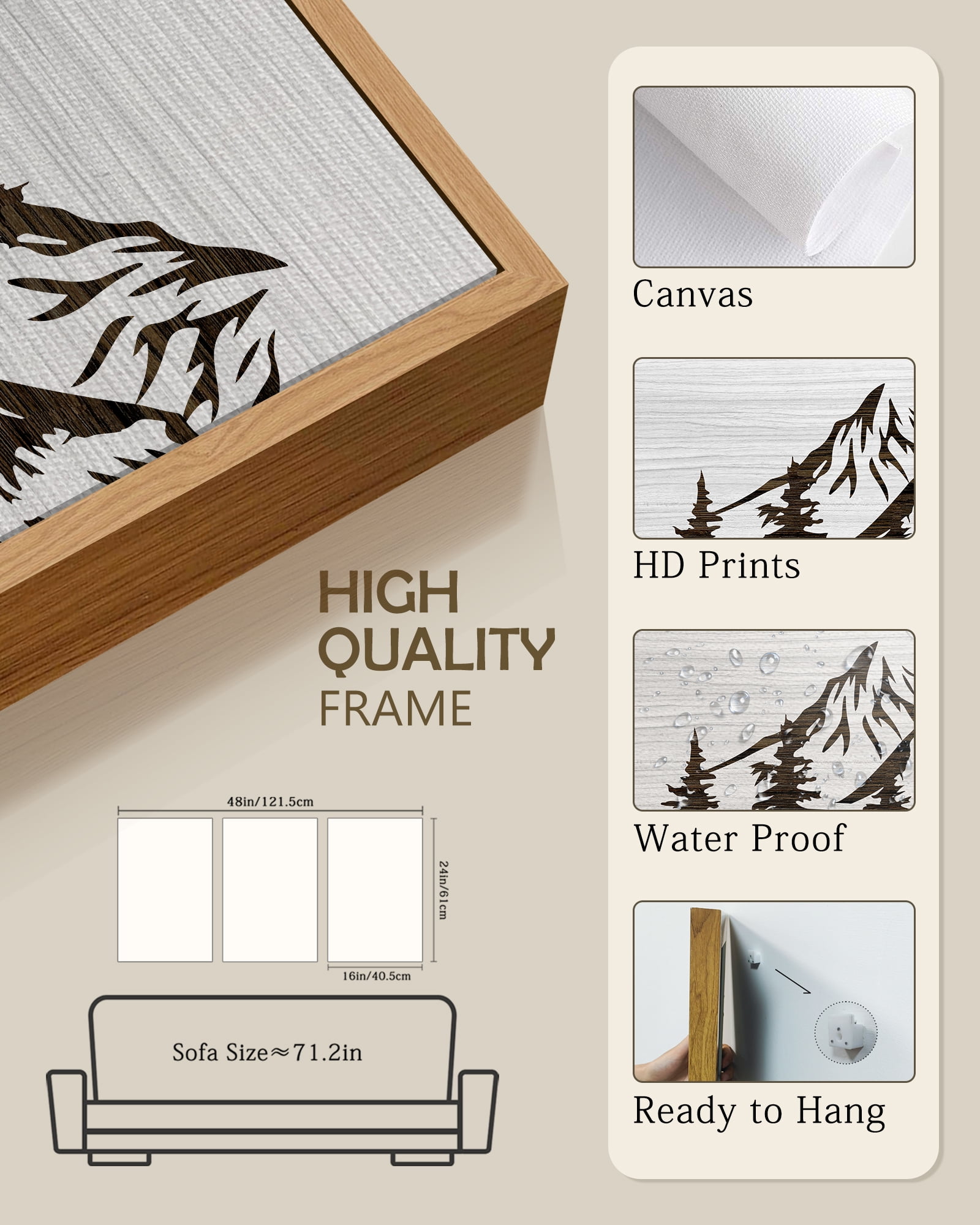 SHENIFY Mountains Tree Wall Art 16x24in3pcs Natural Framed Boho White Forest Nature Landscape Artwork Painting Morden Country Woodcut Wood Wall Decor Rustic Home Decor