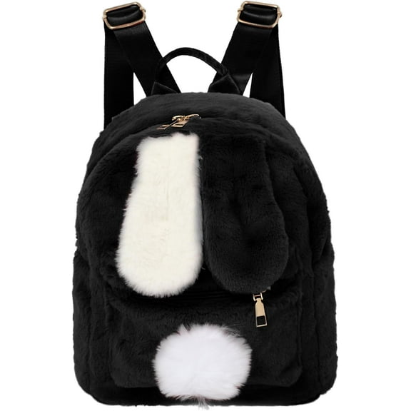 Cute Fluffy Backpack Mini Rabbit Ears Daypack Purse Faux Fur Small Travel for Women Ladies, Black