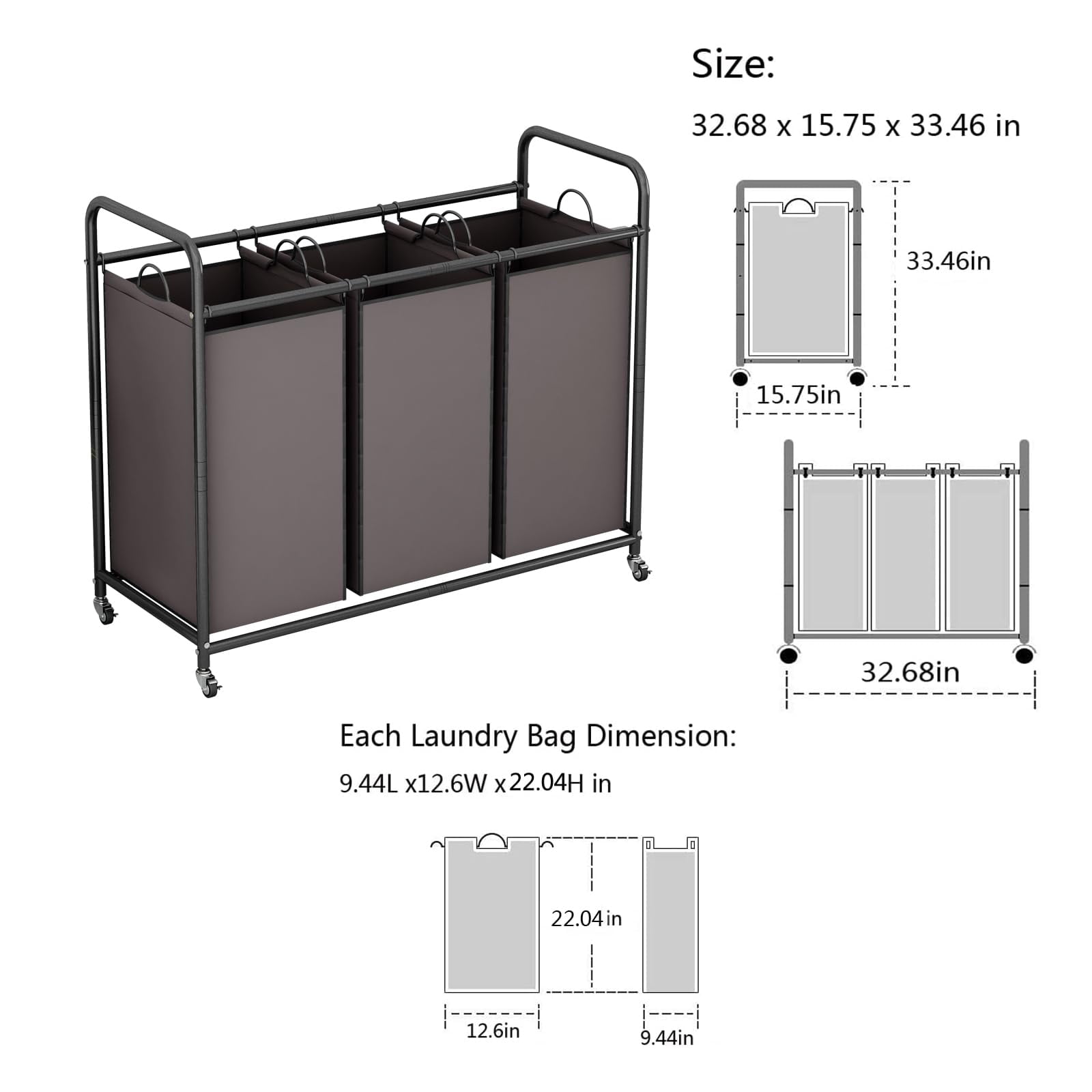 SUOERNUO 3-Bag Laundry Sorter Cart with Wheels – Heavy Duty Rolling Hamper with Removable Bags for Laundry Room Organization (Brown)