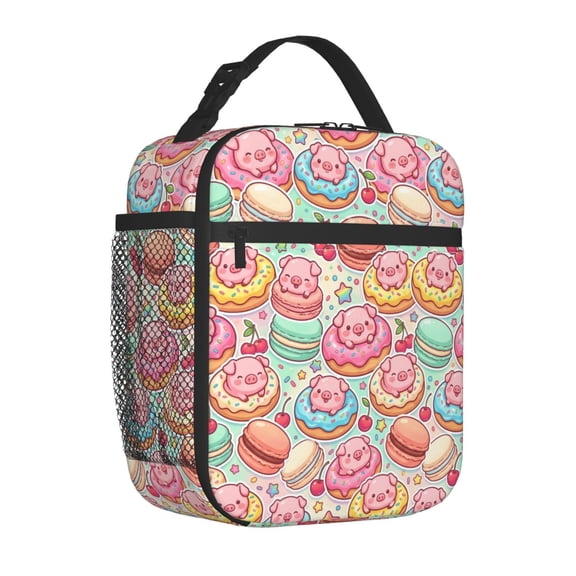 Pig Lunch Bag Insulated Reusable Cooler Tote Cute Cartoon Portable Meal Prep Bag Side Mesh Pocket Work Office Picnic