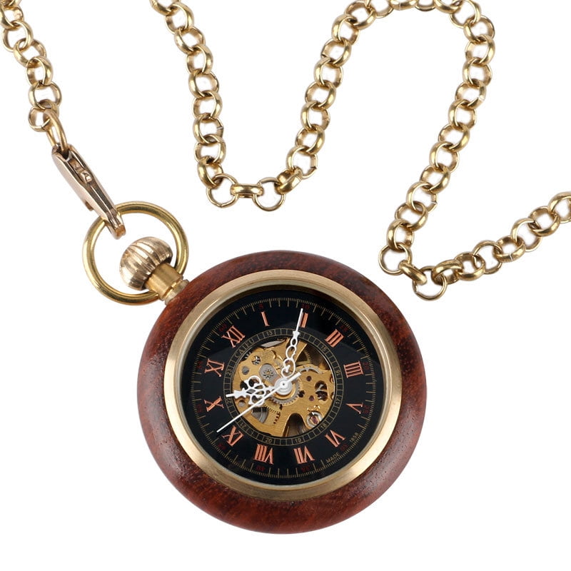 Retro Style Open Face Pocket Watch For Kids Wooden Roman Numberal 