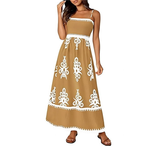 Women's Floral Maxi Dress Spaghetti Strap Boho Sundress Flowy Beach Vacation Summer Dress Khaki M