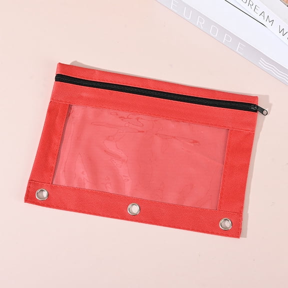 5PCS 3-Ring Binder Pencil Pouch, Colorful Three-hole Cloth-layer Pencil Case with 1 Layer Zipper, Transparent Compartment, Portable Large Capacity Pen Case Bag for Various Pen(Red)