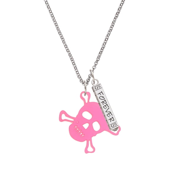 Delight Jewelry Acrylic Large Pink Skull Silvertone Forever Bar Charm Necklace, 23"