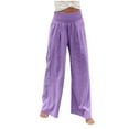 thumbnail image 3 of Women's Linen Pants Casual Loose High Waist Drawstring Wide Leg Pant Boho Palazzo Pants Purple XL, 3 of 5