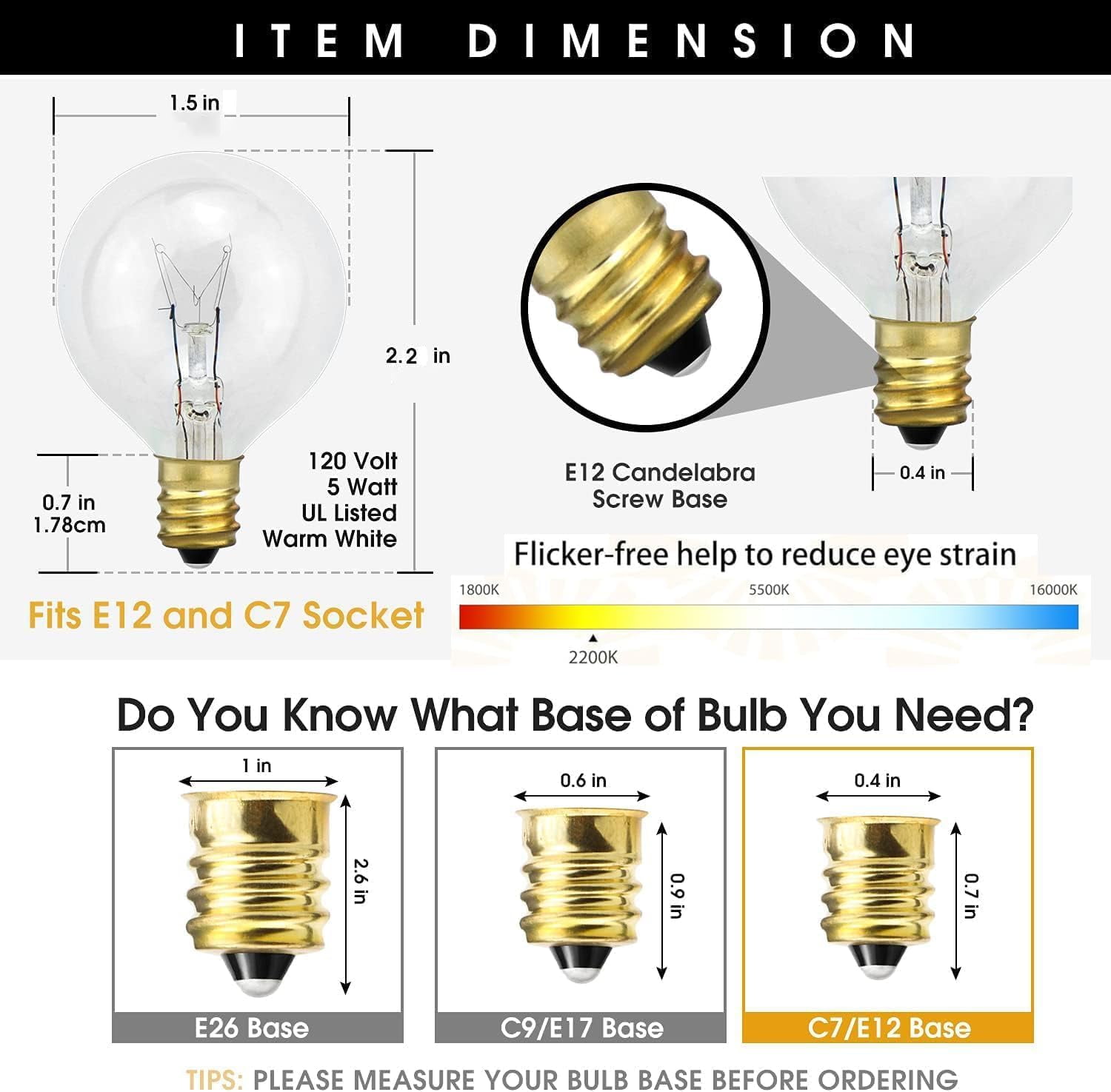 G40 Replacement Bulbs, 120V 5 Watt Clear Globe Incandescent Light Bulbs fits E12 C7 Candelabra Base, Dimmable String for Indoor Outdoor Patio Decor, (25 Pack)
