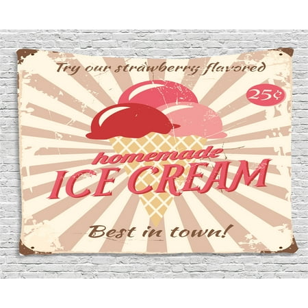 Ice Cream Decor Tapestry, Vintage Sign with Homemade Ice Cream Best in Town Quote Print, Wall Hanging for Bedroom Living Room Dorm Decor, 60W X 40L Inches, Red Coral Cream Tan, by