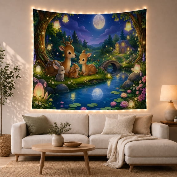 Armchair Bookshelf Cat with Forest Clearing Night, Cozy Dark Academia for Book Lovers, Aesthetic Wall Decor, Mother'S Day Gift, Tapestry Wall Hanging for Dorm and Living Room