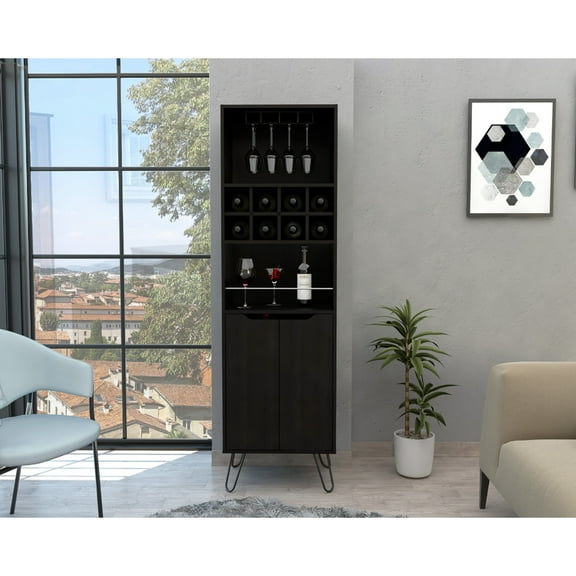 -wine Bar Cabinet, Black With Slanted Steel Property And Cabinetry Eight Liquor Bottle Particle Board Material