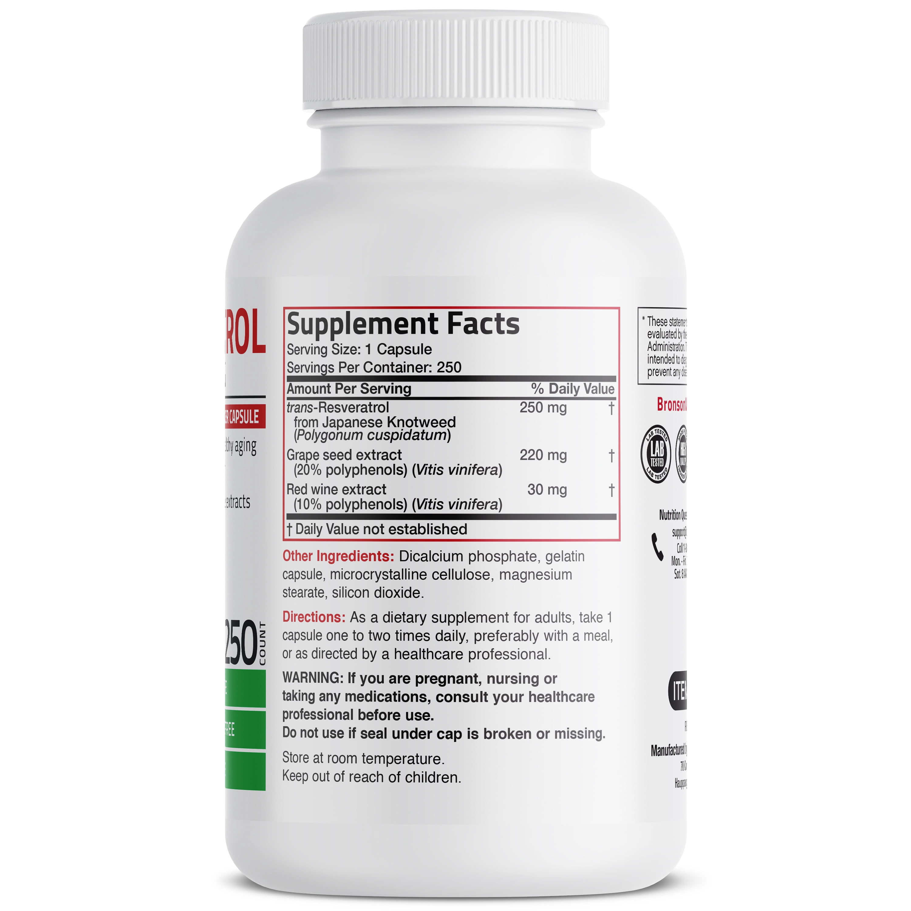 Bronson Resveratrol 500 Complex Red Wine Extract Natural Antioxidant Heart & Immune Health, 250 Capsules