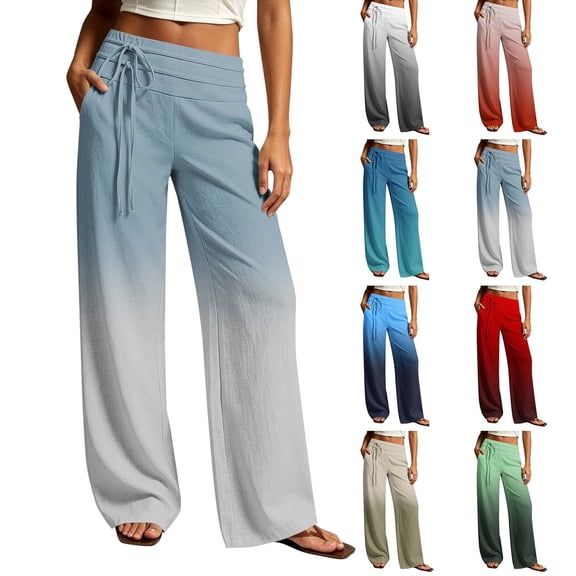 Capris Pants for Women Dqueduo Women's Fashion Printed Elastic Waist Casual Pocket Straight-Leg Pants – Cotton Blend Trousers Sky Blue L