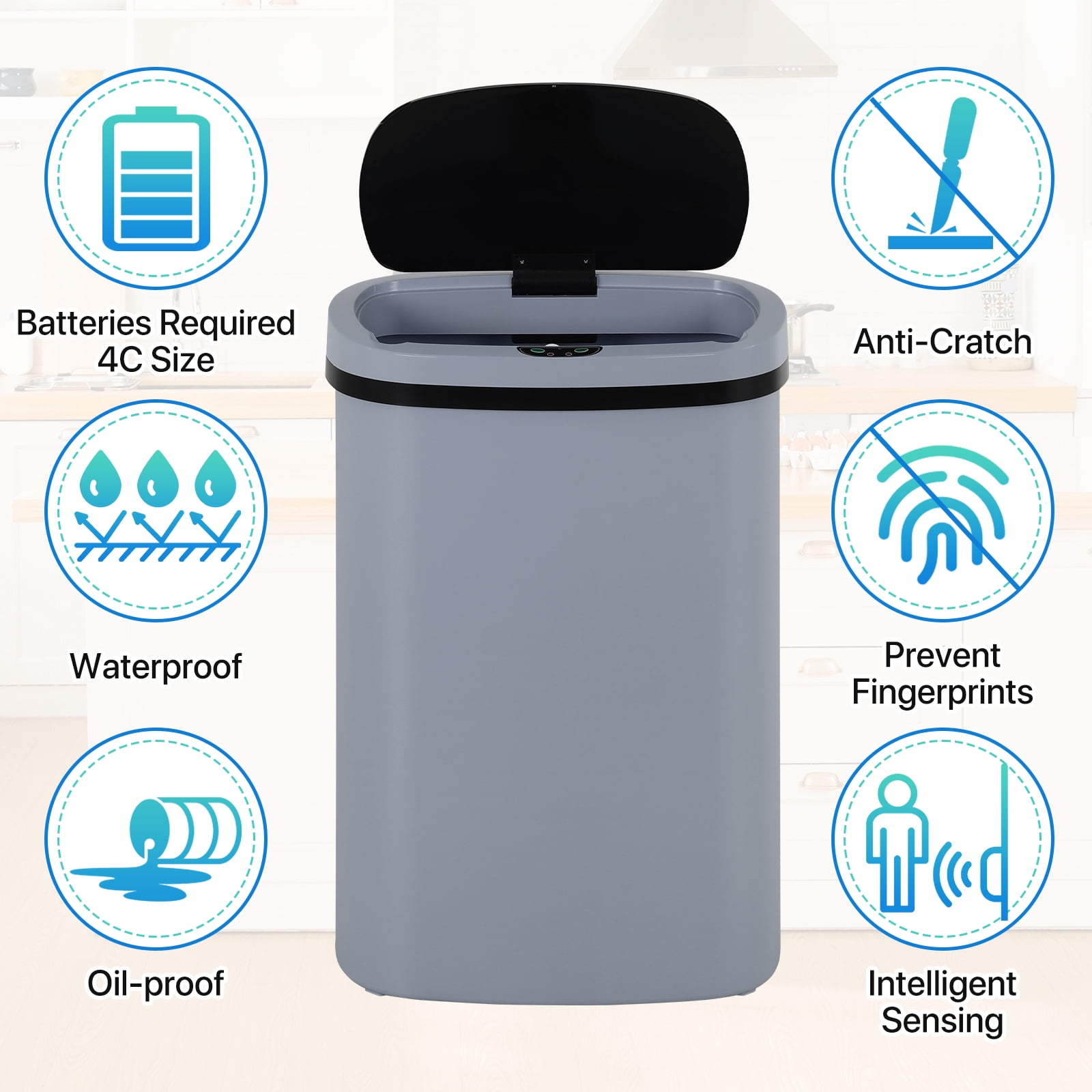 13 Gallon Plastic Garbage Can Kitchen Trash Can Automatic Touch Free Trash can with Lid 50 Liter Waste Bin Mute Anti-Fingerprint for Bedroom Home Office Living Room, Gray