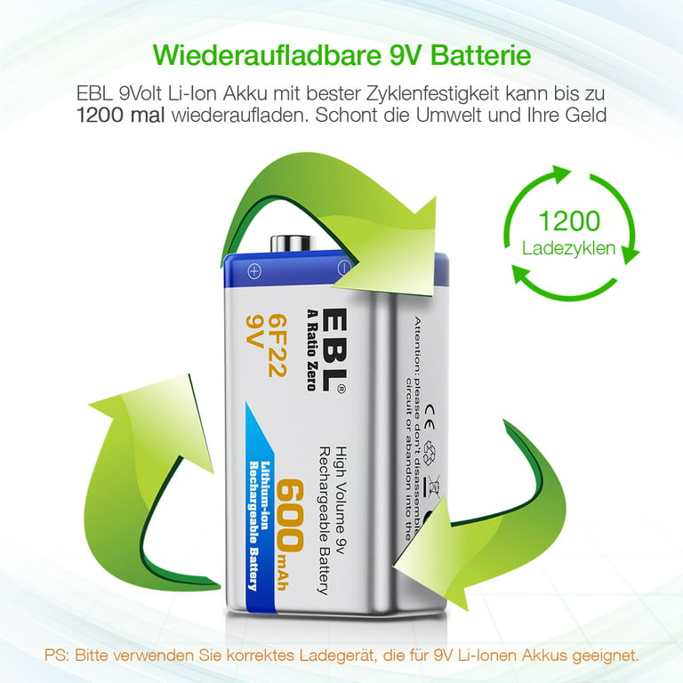 EBL 3-Pack 600mAh 9V Li-ion Rechargeable Battery 