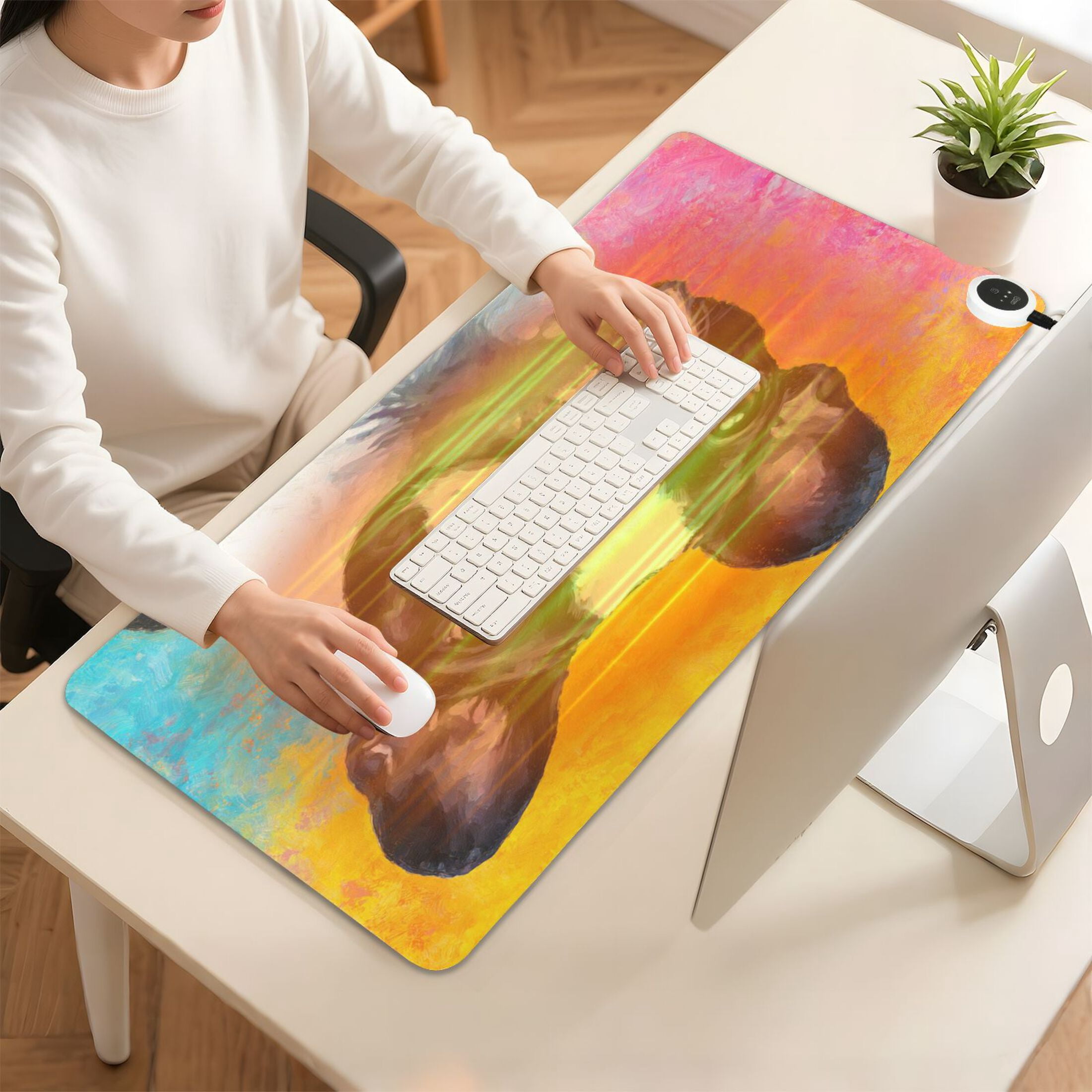 Large Heated Desk Mat Mouse Pad 31.5"x13"PU Leather Graphene Heating Desk Warmer with 3 Temperature Settings 110V US Plug Non-Slip Warm Pad for Home, Office, and Gaming Rainbow French Bulldog Canvas