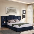 thumbnail image 2 of Queen Size Upholstered Bed Frame with Velvet Fabric, Vertical Stripe Design with Buttons, Headboard and Bedside Table - No Box Spring Needed (Dark Blue), 2 of 9