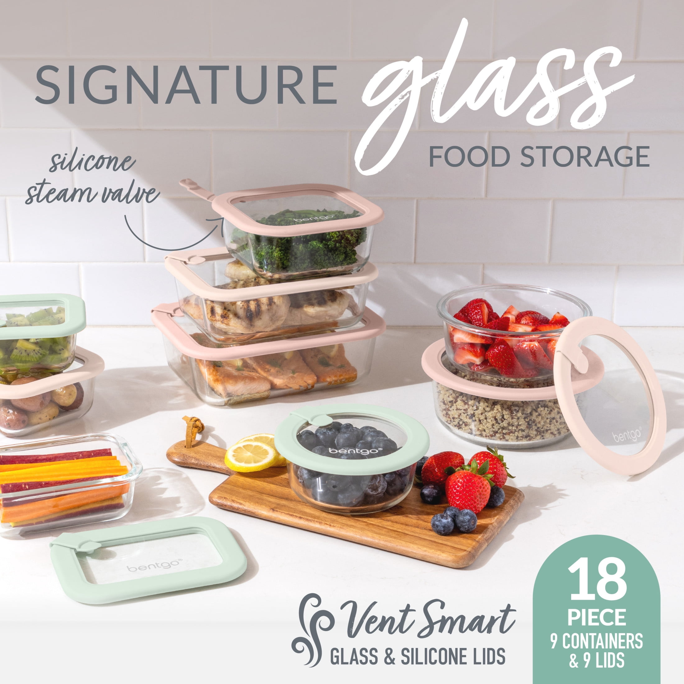 Bentgo Signature Leak-Proof Glass Food Storage - 18-Piece Set, 1-Compartment Plastic-Free Containers with Airtight Glass Lids, BPA-Free, Microwave, Freezer, Oven & Dishwasher Safe (Desert Sage)