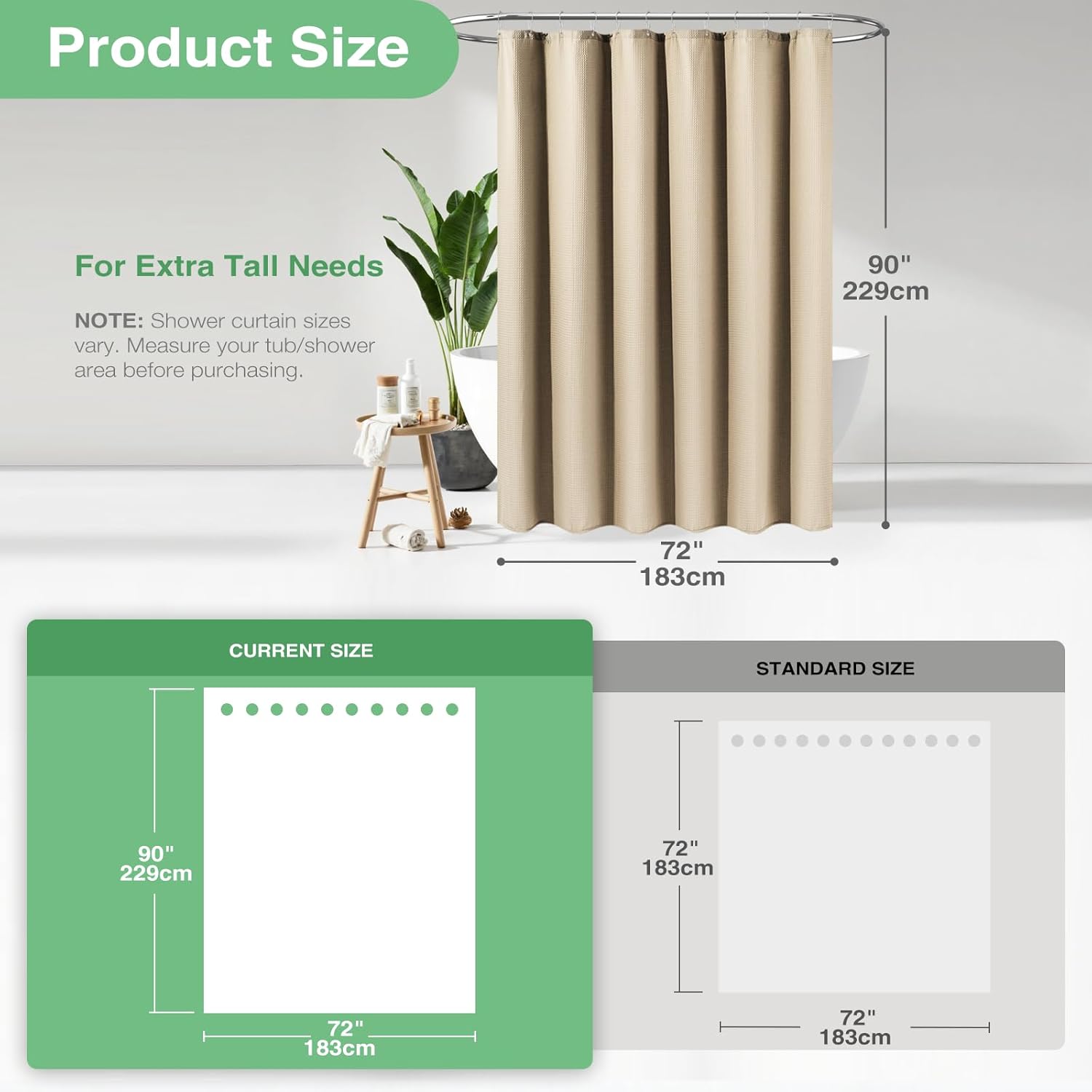 Extra Long Fabric Shower Curtain - Waffle Weave 90 Inches Long Heavy Duty Cloth Shower Curtains for Bathroom, 256GSM Tall Hotel Luxury Bath Curtain Set with 12 Plastic Hooks, Beige/Khaki