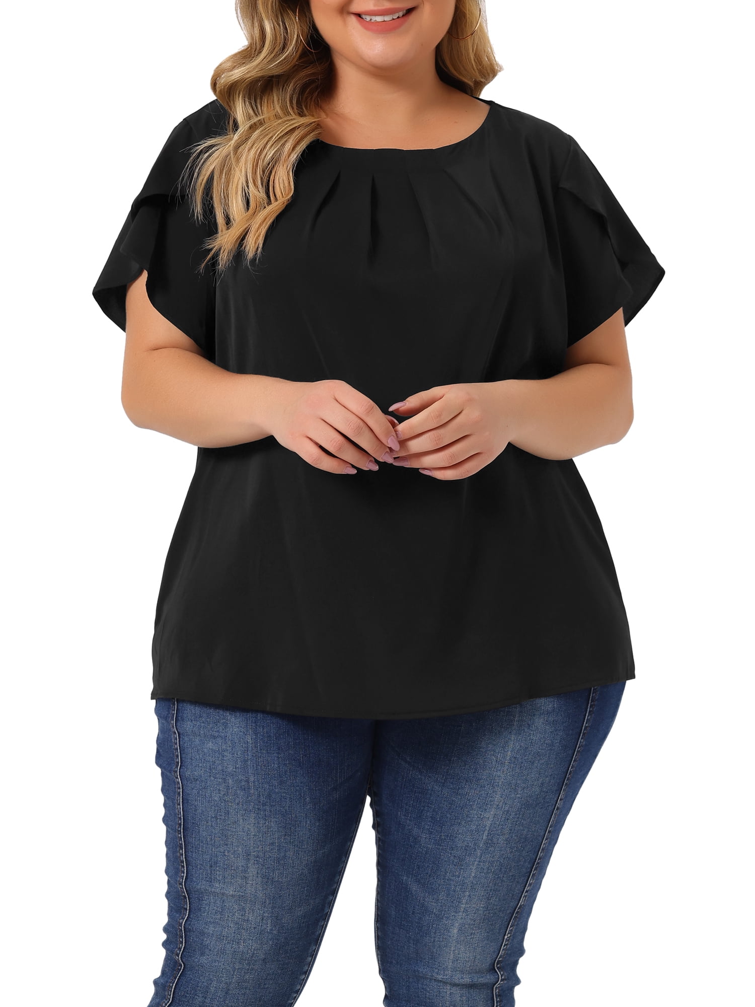 DARING DIVA Women's Plus Size Round Neck Pleated Tulip Sleeve Shirt Blouse 6X Black
