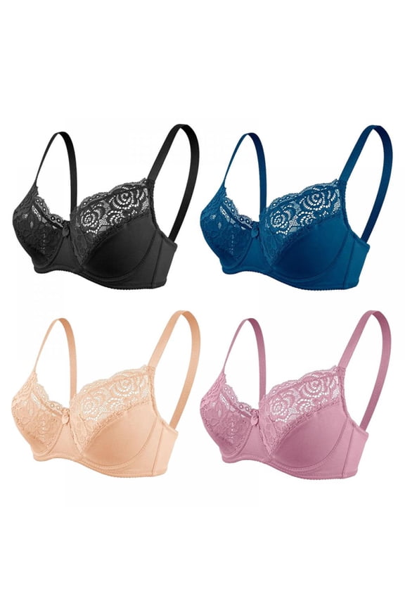Women's Underwire Bra 4 Packs Minimizer Lace Floral Bra Unlined Unpadded Plus Size Bra 34/75C-40/90D
