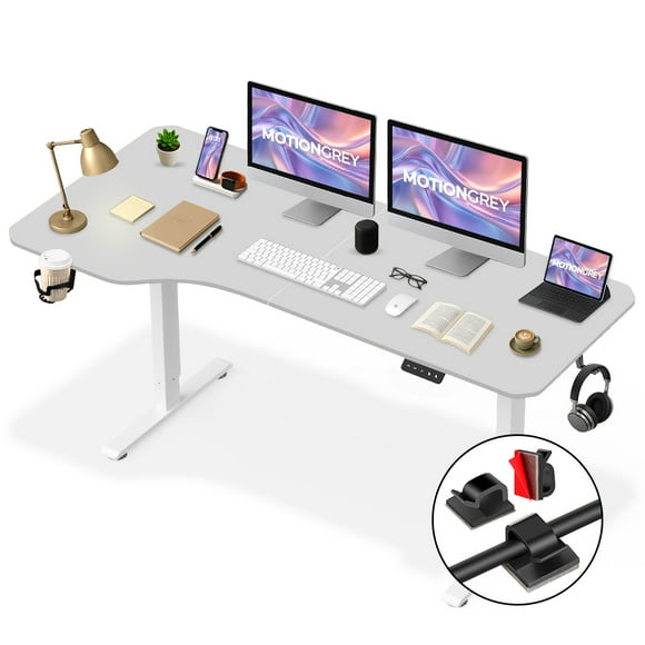MotionGrey - Ergo2 XL Adjustable Left L-Shaped Electric Standing Desk with Memory Settings - 63"x24" White Top White Frame Ergonomic Desk for Home and Office