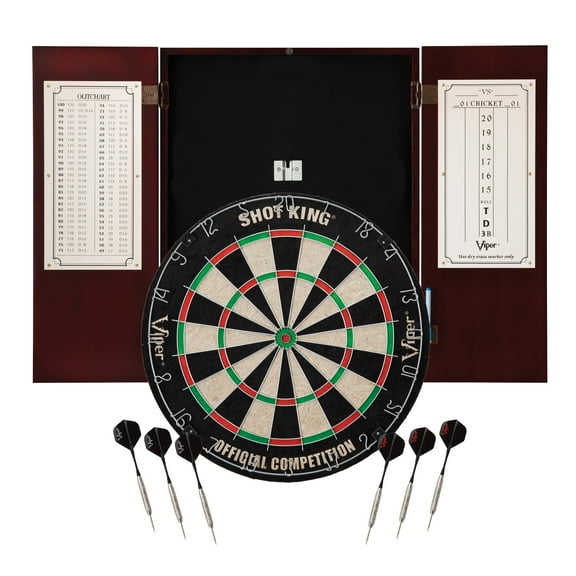 Viper Metropolitan Sisal Fiber Bristle Dartboard and Cabinet Bundle: Standard Set (Shot King Dartboard), Mahogany Finish