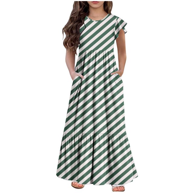 Bwiyojiz Robe d'Été pour Filles, Tailles Mode 130-160, Manches Courtes, Col Rond, Couleur Unie, Vert