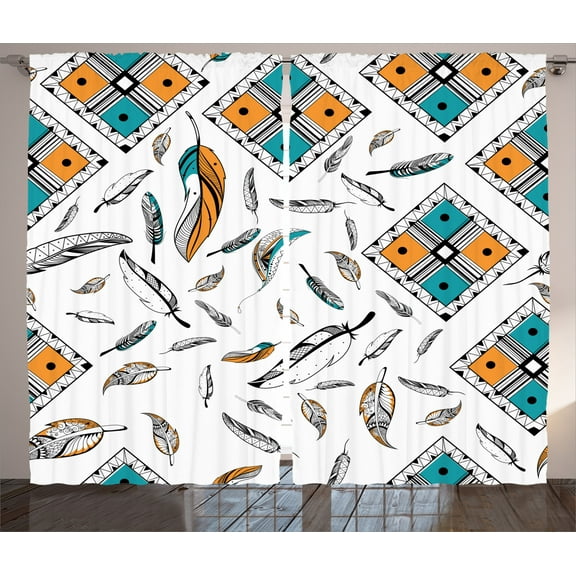 Ambesonne Boho Curtains 2 Panel Set, Tribal Bohemian Feather, 108" x 84", Teal Orange Black