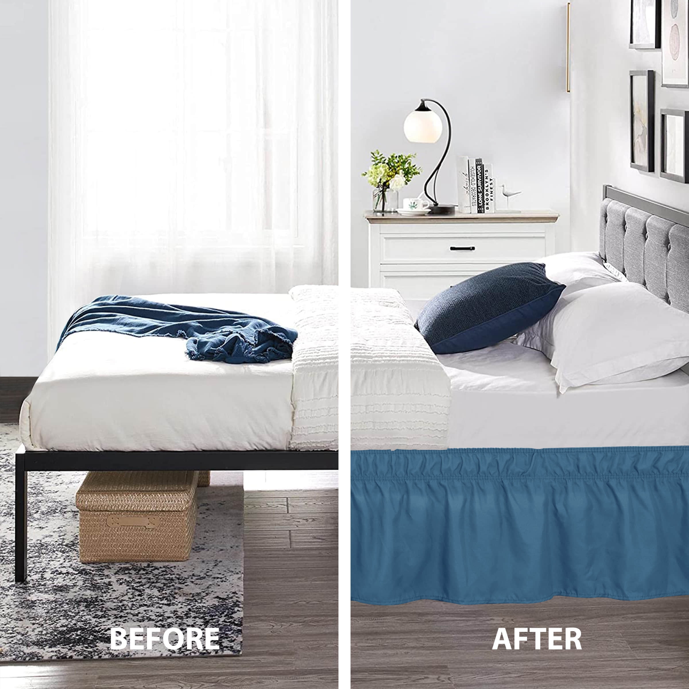 Subrtex Bed Skirt Wrap-Around Dust Ruffle Elastic 16 Inch Bed Cover, Full, Peacock Blue