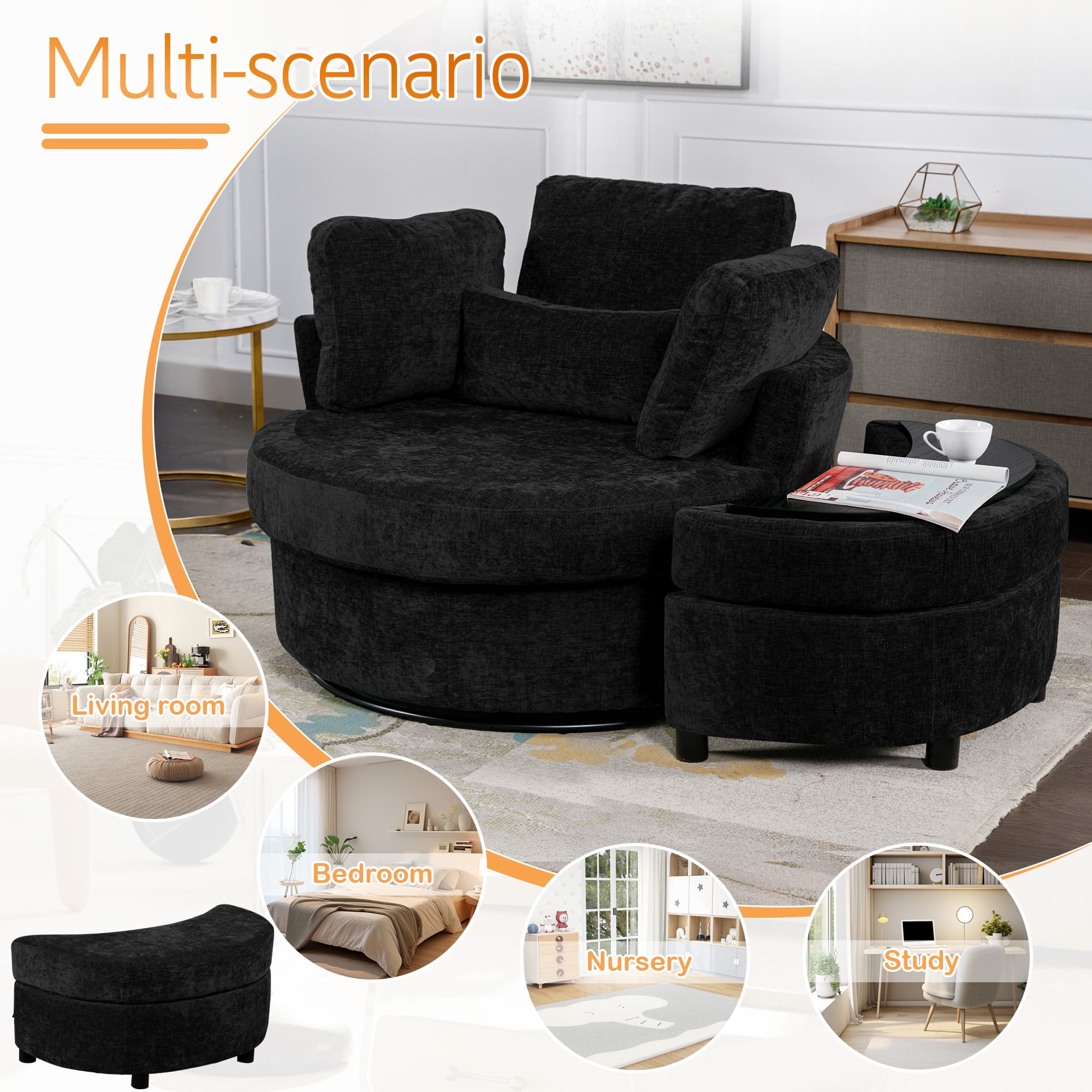 Lunale Oversized Swivel Accent Barrel Chair with Storage Ottoman, Black Chenille
