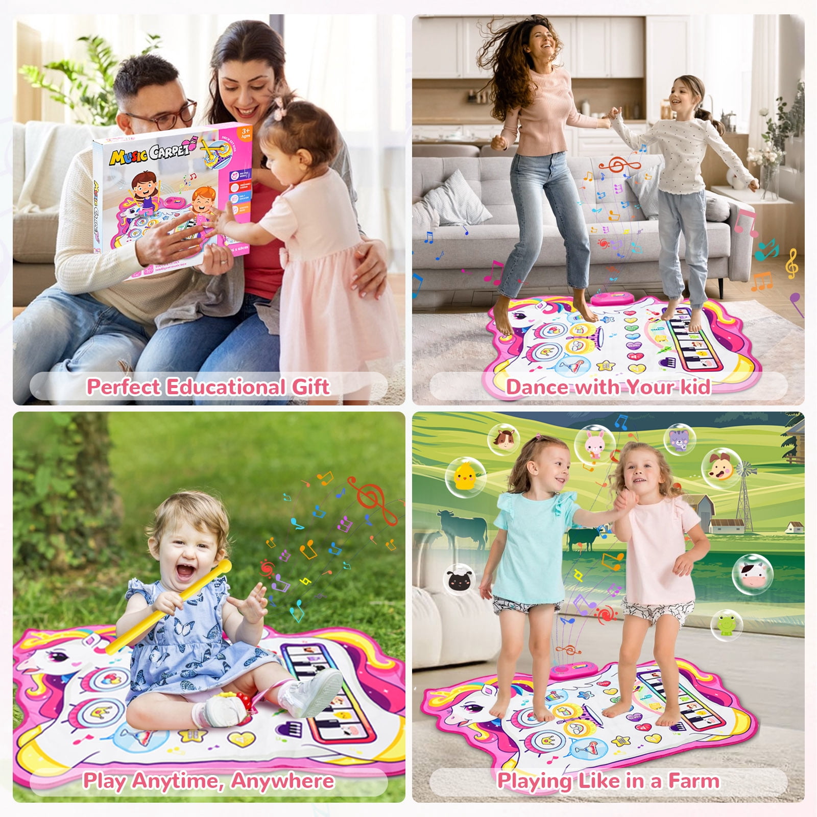 Yiomxhi 3-in-1 Unicorn Musical Mat, Piano Drum Play Mat Unicorn Gifts for 1 2 3 Year Old Girls, Sensory Early Educational Musical Learning Toys for Baby Boys, Birthday Gift for Toddlers 1-5 Years Old