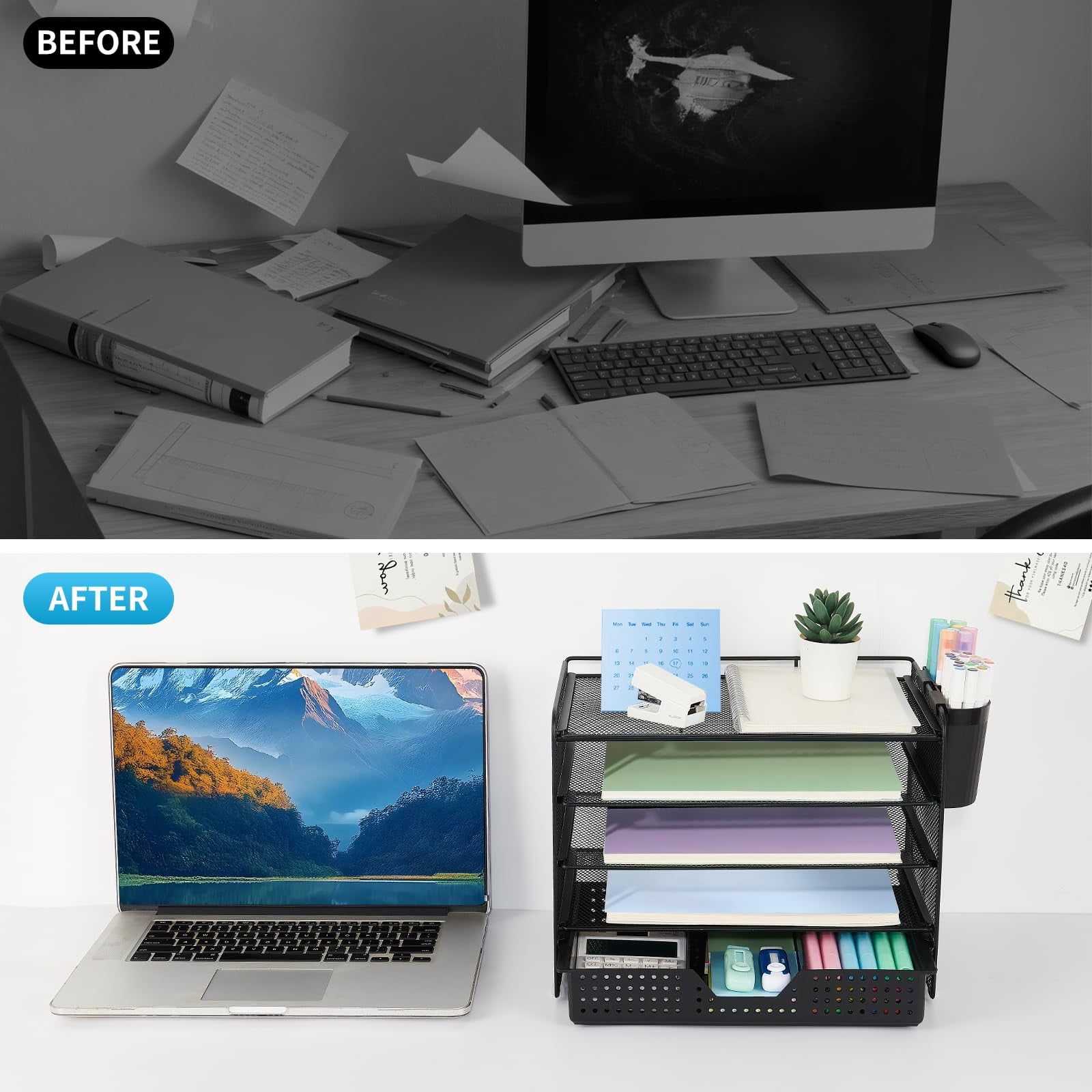 Desk Organizer And Accessories  5-tier Paper Letter Tray With Drawer & 2 Pen Holders For Desktop File Organization Office Supplies Storage (black)