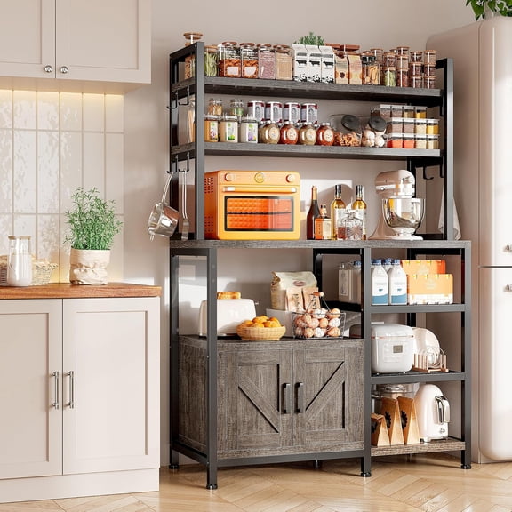Bakers Rack, 6 Tier Microwave Stand, Coffee Bar Organizer with 8 L-Shaped Hooks, Kitchen Shelves with Large Capacity Storage, 14.1 x 30.1 x 63.1 Inches, Black Oak