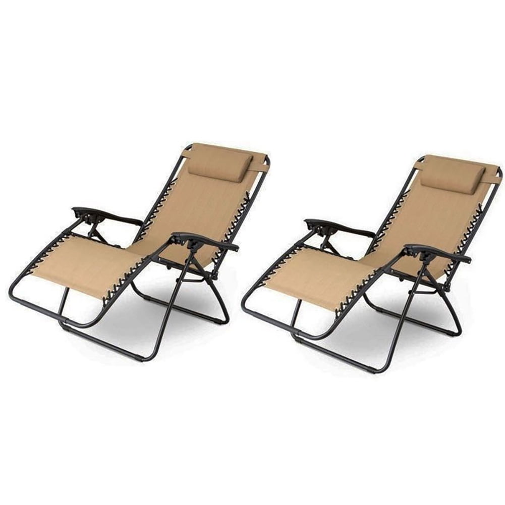 2 Pack Lounge Folding Chair with Cup Holder, Portable Lawn Chair for Outdoor Camp, Khaki