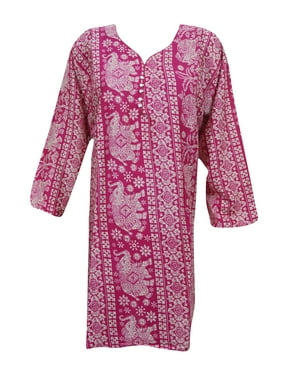 Mogul Women's Pink Rayon Kurti Printed Summer Clothing Bohemian Kurta Dress