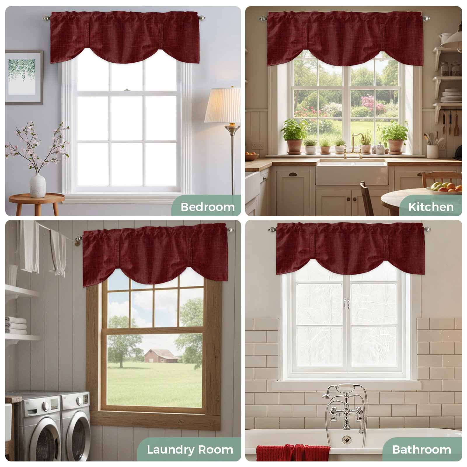 Tie Up Valances for Windows, Vintage Dark Red Adjustable Valance Curtains Window Treatment for Living Room, Farmhouse Retro Solid Color Linen Texture Rod Pocket Kitchen Curtains & Drapes 42x12 Inch