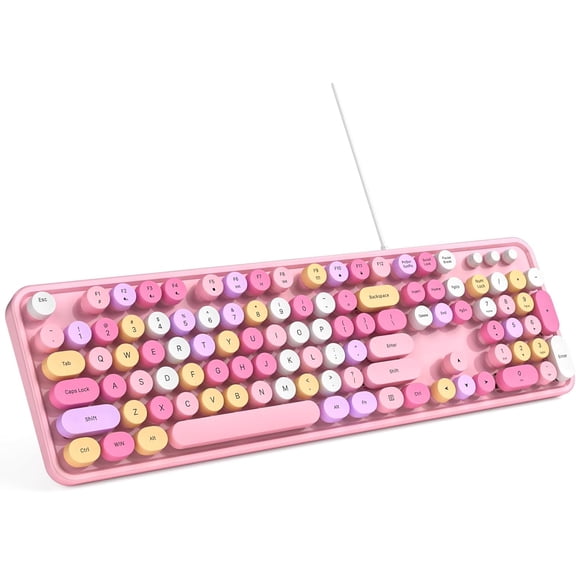 Computer Keyboard Wired, Plug and Play USB Retro Round Typewriter Keyboard, Full Size Wired with Foldable Stands for Laptop Office PC- Pink Colorful