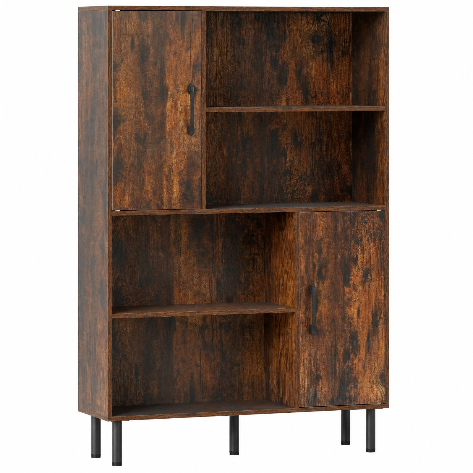Furnibear 47 Inch Storage Cabinet Freestanding Bookcase with 2 Doors and 4 Open Shelves for Living Room Home Office Bedroom Display, Rustic Brown